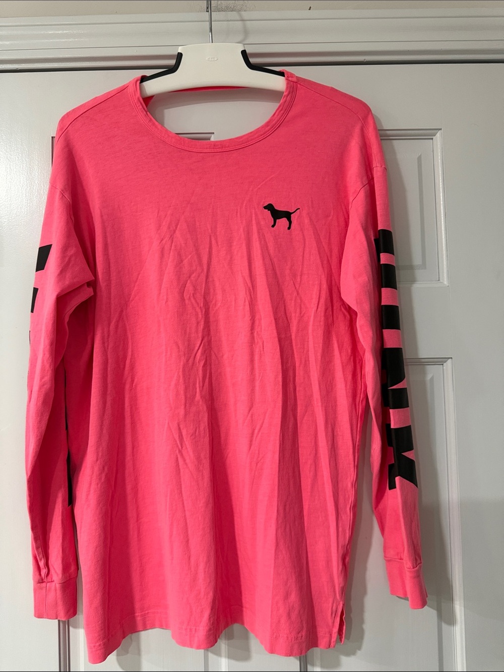 PINK Victoria's Secret Hot Pink Long-Sleeve Logo Tee Open Back Oversized Size S